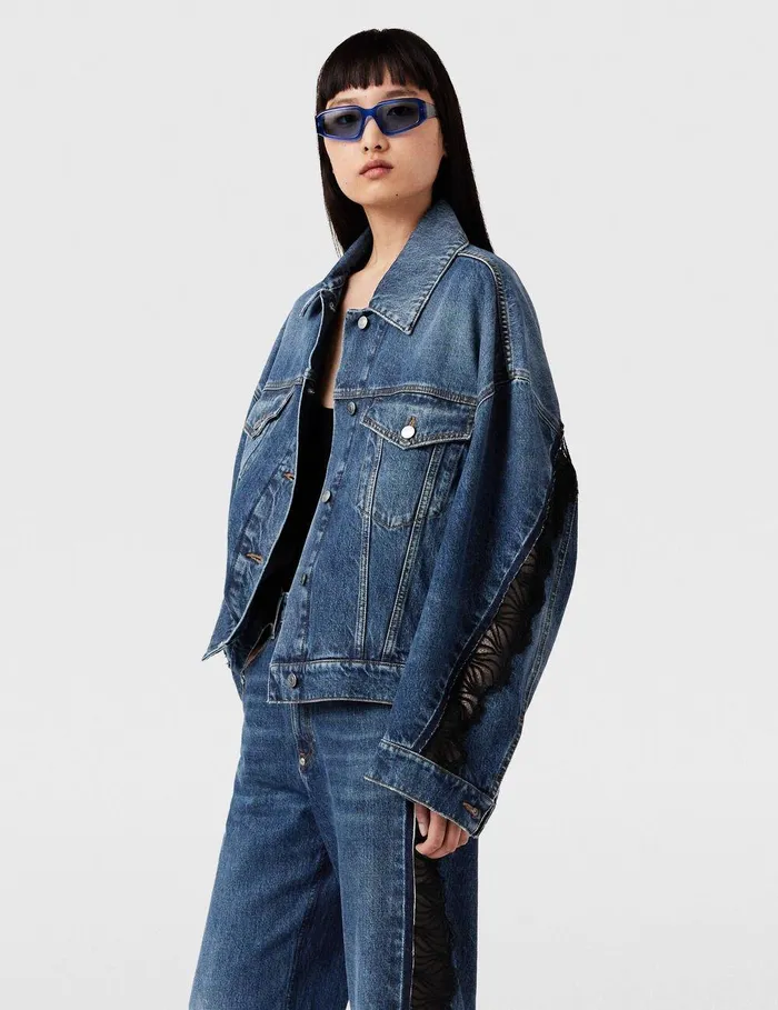 Stella McCartney Denim Women LaceInsert Denim Jacket Vintage Wash Blue Denim Stella McCartney Denim Women LaceInsert Denim Jacket Vintage Wash Blue Denim