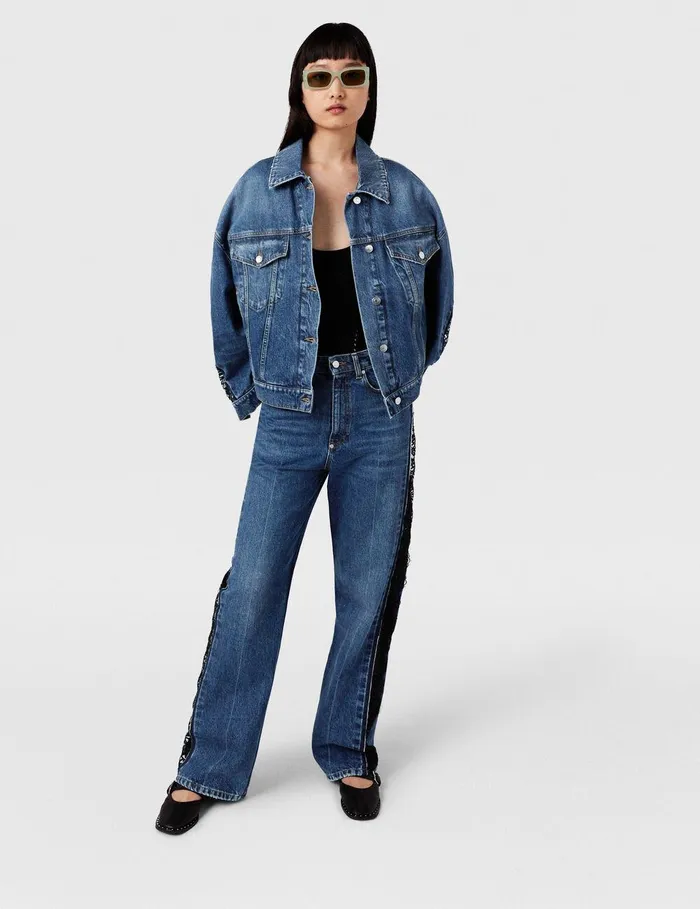 Stella McCartney Denim Women LaceInsert Denim Jacket Vintage Wash Blue Denim Stella McCartney Denim Women LaceInsert Denim Jacket Vintage Wash Blue Denim