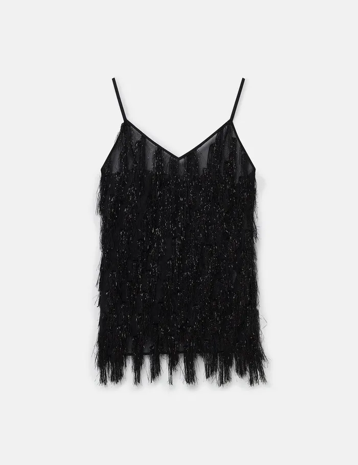 Stella McCartney Shirts And Tops Women Sleeveless Glitter Tassel VNeck Top Black Glitter Stella McCartney Shirts And Tops Women Sleeveless Glitter Tassel VNeck Top Black Glitter