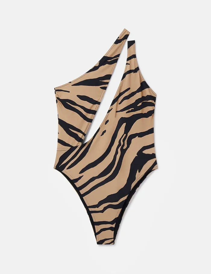 Stella McCartney Swimwear Women Zebra Print CutOut Swimsuit Camelblack