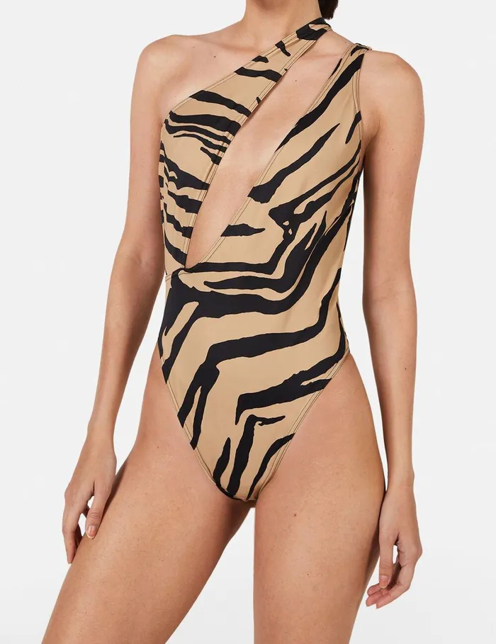 Stella McCartney Swimwear Women Zebra Print CutOut Swimsuit Camelblack Stella McCartney Swimwear Women Zebra Print CutOut Swimsuit Camelblack