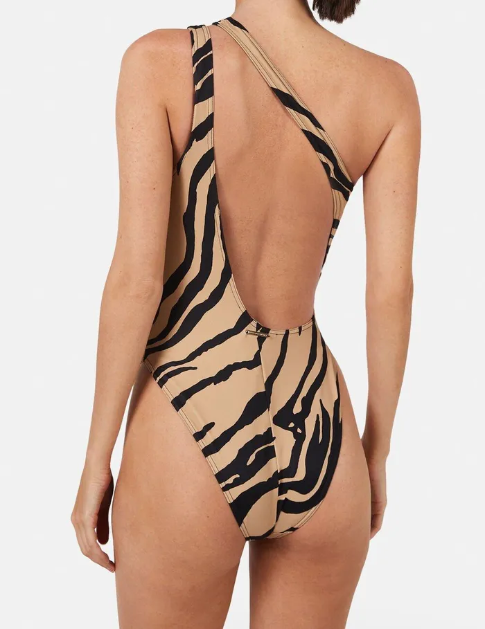 Stella McCartney Swimwear Women Zebra Print CutOut Swimsuit Camelblack Stella McCartney Swimwear Women Zebra Print CutOut Swimsuit Camelblack