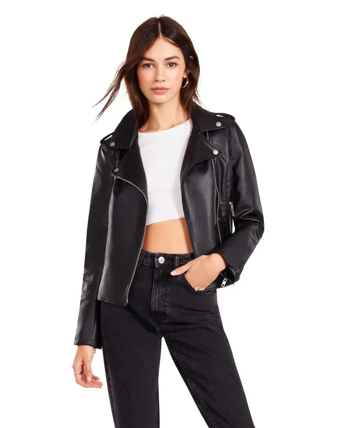 Steve Madden Just Ride Vegan Leather Jacket Black Womens Jackets and Coats