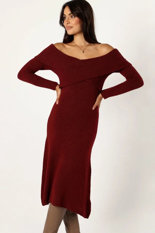 Sweater Dresses Women Deena Off Shoulder Midi Dress Red Petal and Pup