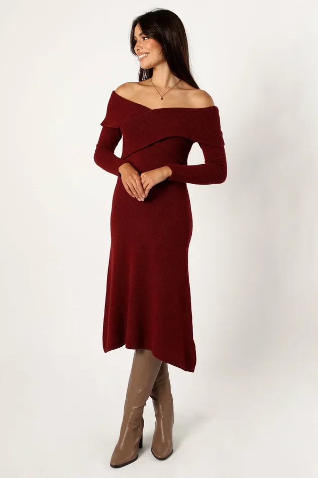 Sweater Dresses Women Deena Off Shoulder Midi Dress Red Petal and Pup
