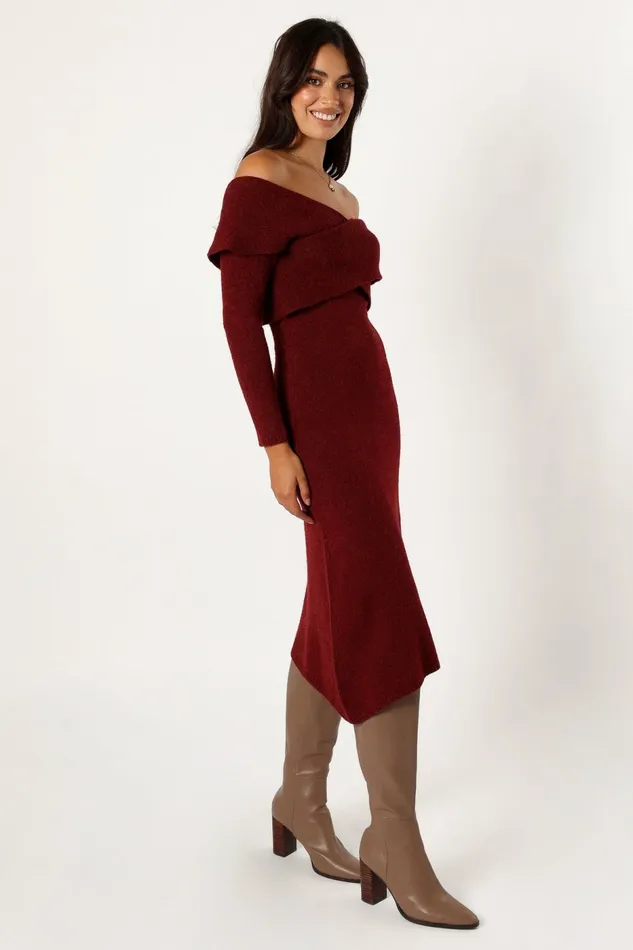 Sweater Dresses Women Deena Off Shoulder Midi Dress Red Petal and Pup