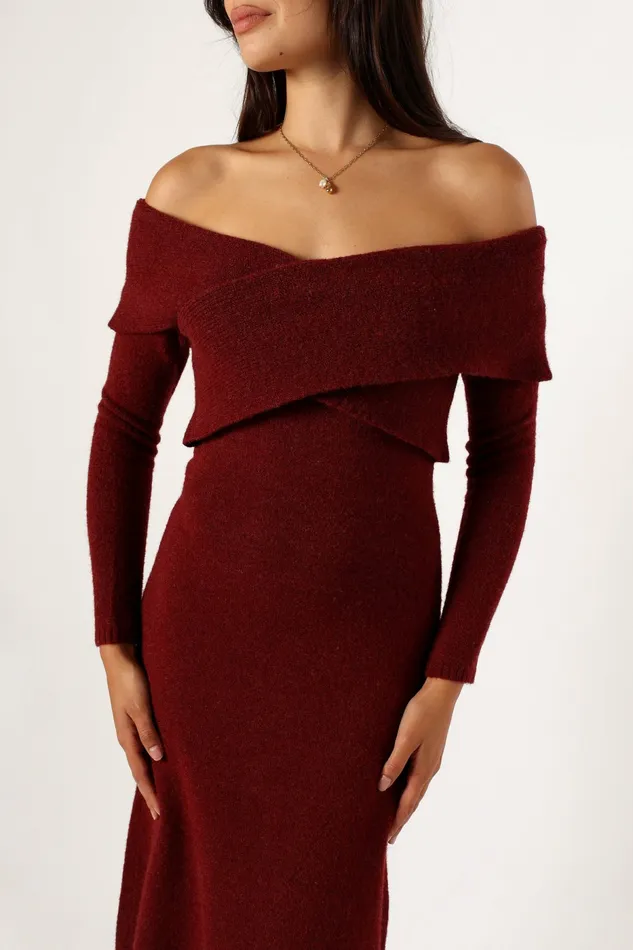 Sweater Dresses Women Deena Off Shoulder Midi Dress Red Petal and Pup