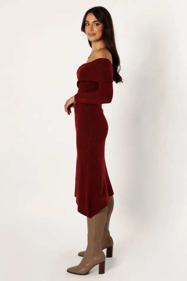 Sweater Dresses Women Deena Off Shoulder Midi Dress Red Petal and Pup