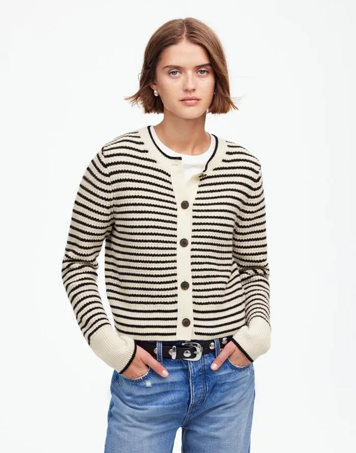 Sweaters Women Madewell WaffleKnit Wool Cardigan In Stripe Winter White Stripe