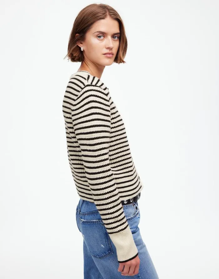 Sweaters Women Madewell WaffleKnit Wool Cardigan In Stripe Winter White Stripe