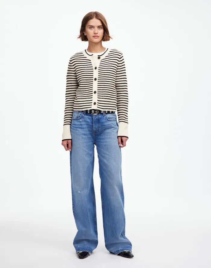 Sweaters Women Madewell WaffleKnit Wool Cardigan In Stripe Winter White Stripe