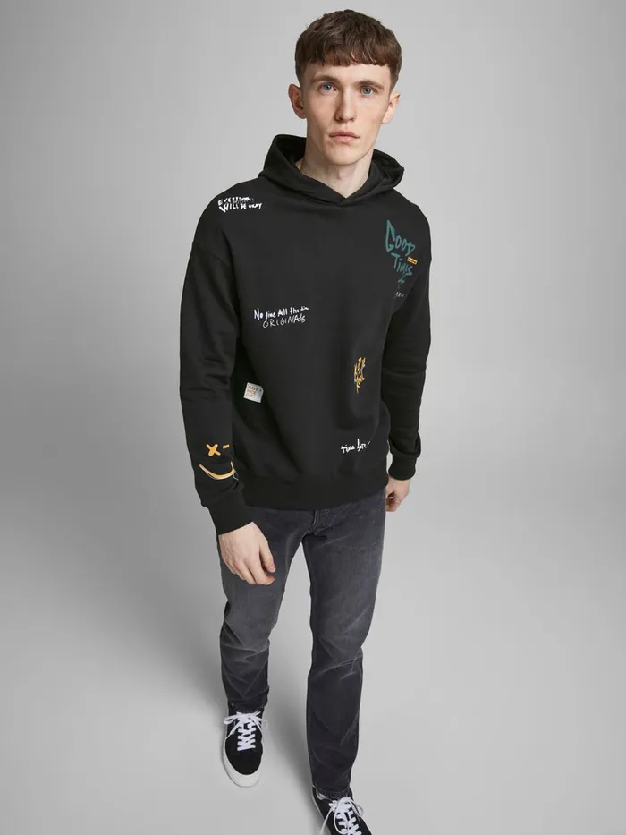 Sweatshirts JACK and JONES Mens GOOD TIMES8217 HOODIE Black Black Cheap On Sale