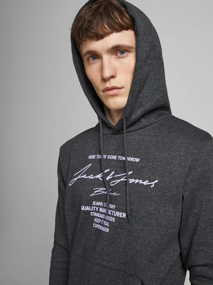 Sweatshirts JACK and JONES Mens LOOPBACK LOGO HOODIE Grey Dark Grey Melange Near Me