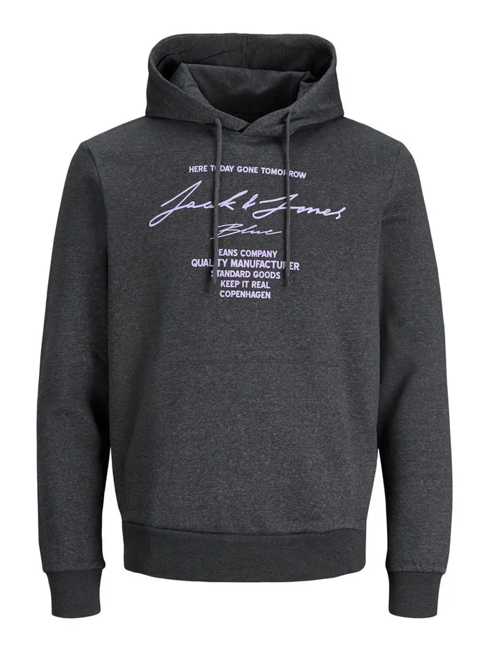 Sweatshirts JACK and JONES Mens LOOPBACK LOGO HOODIE Grey Dark Grey Melange Near Me