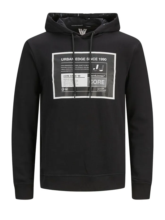 Sweatshirts JACK and JONES Mens LOOPBACK UNBRUSHED LOGO HOODIE Black Black Gift Ideas