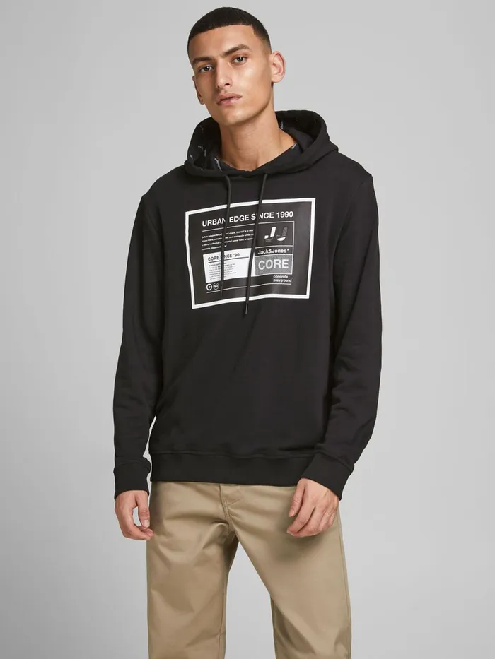 Sweatshirts JACK and JONES Mens LOOPBACK UNBRUSHED LOGO HOODIE Black Black Gift Ideas