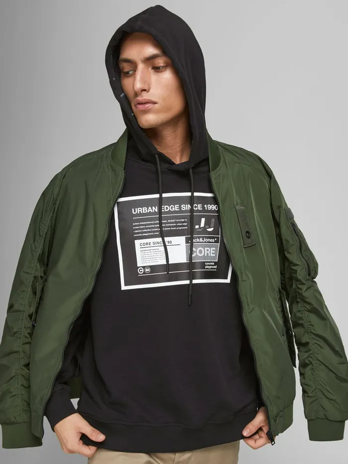 Sweatshirts JACK and JONES Mens LOOPBACK UNBRUSHED LOGO HOODIE Black Black Gift Ideas