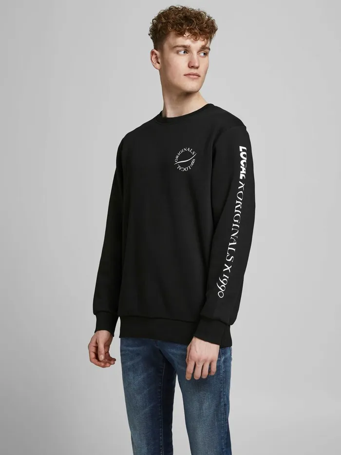Sweatshirts JACK and JONES Mens PRINTED CREW NECK SWEATSHIRT Black Black Popular