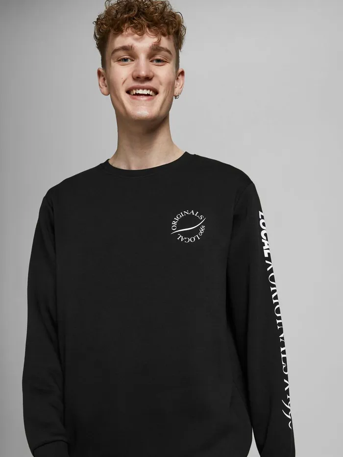 Sweatshirts JACK and JONES Mens PRINTED CREW NECK SWEATSHIRT Black Black Popular