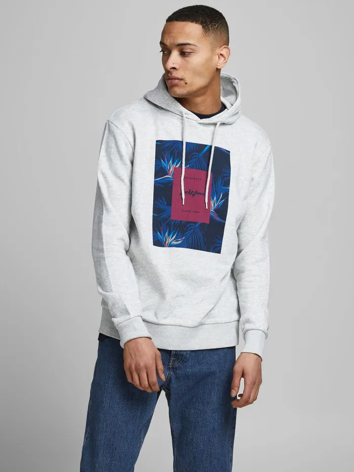 Sweatshirts JACK and JONES Mens SQUARED LOGO PRINT HOODIE White White Melange Gift Ideas