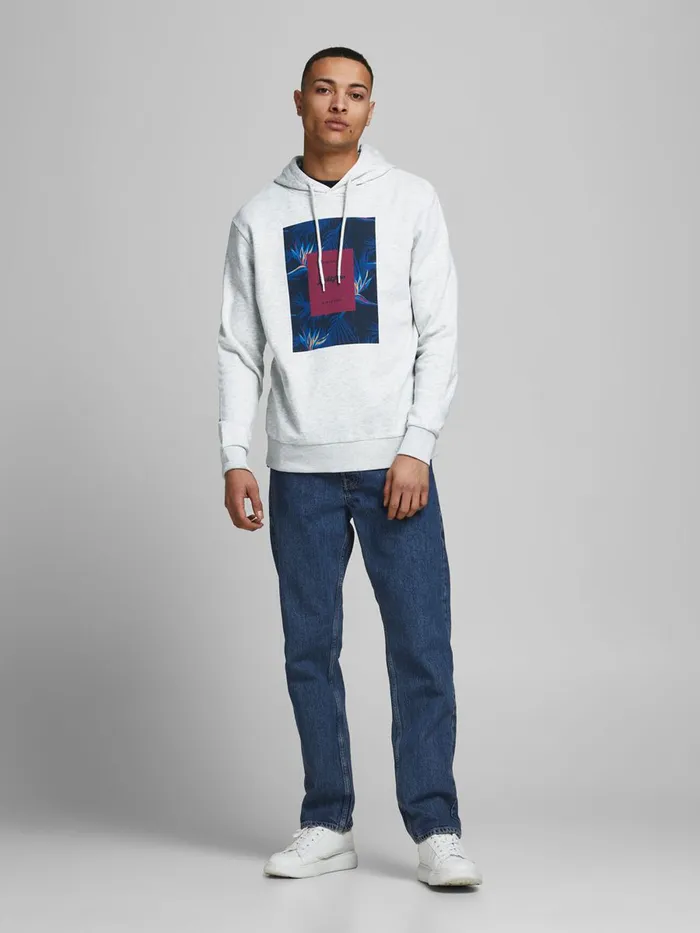 Sweatshirts JACK and JONES Mens SQUARED LOGO PRINT HOODIE White White Melange Gift Ideas