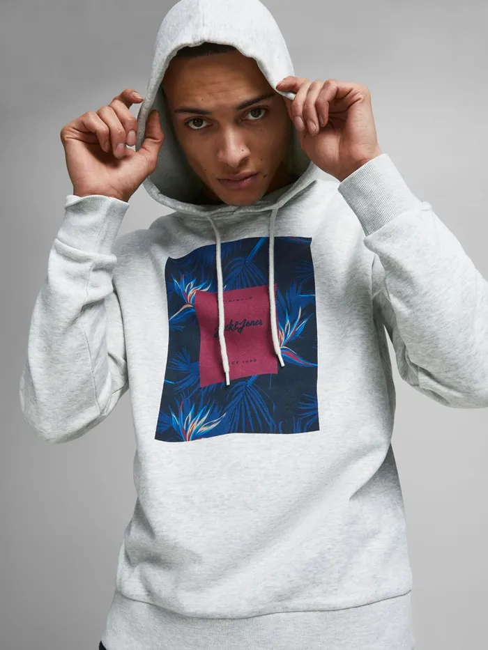 Sweatshirts JACK and JONES Mens SQUARED LOGO PRINT HOODIE White White Melange Gift Ideas