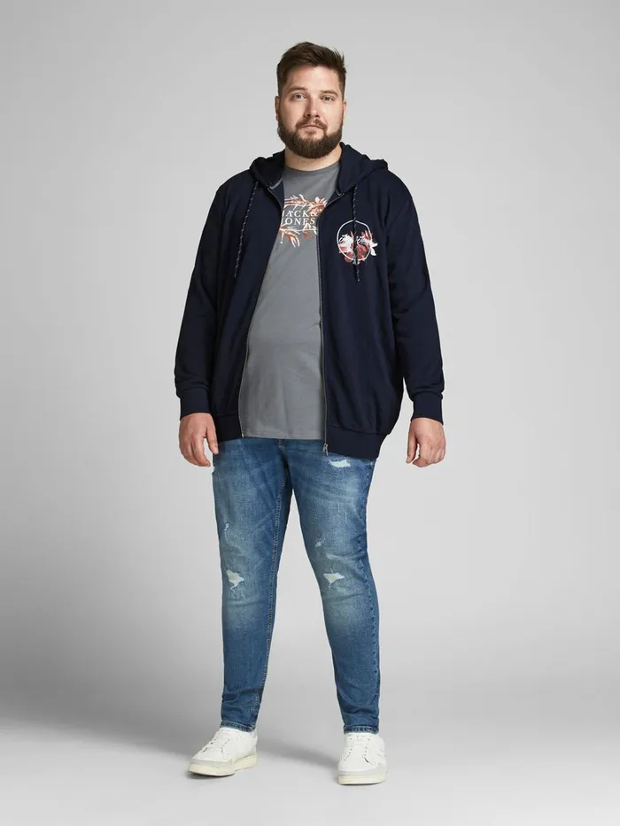 Sweatshirts JACK and JONES Mens ZIPTHROUGH FLORAL LOGO PLUS SIZE HOODIE Blue Navy Blazer Online