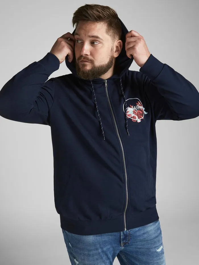 Sweatshirts JACK and JONES Mens ZIPTHROUGH FLORAL LOGO PLUS SIZE HOODIE Blue Navy Blazer Online