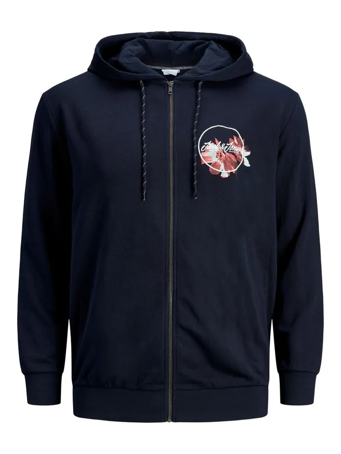Sweatshirts JACK and JONES Mens ZIPTHROUGH FLORAL LOGO PLUS SIZE HOODIE Blue Navy Blazer Online
