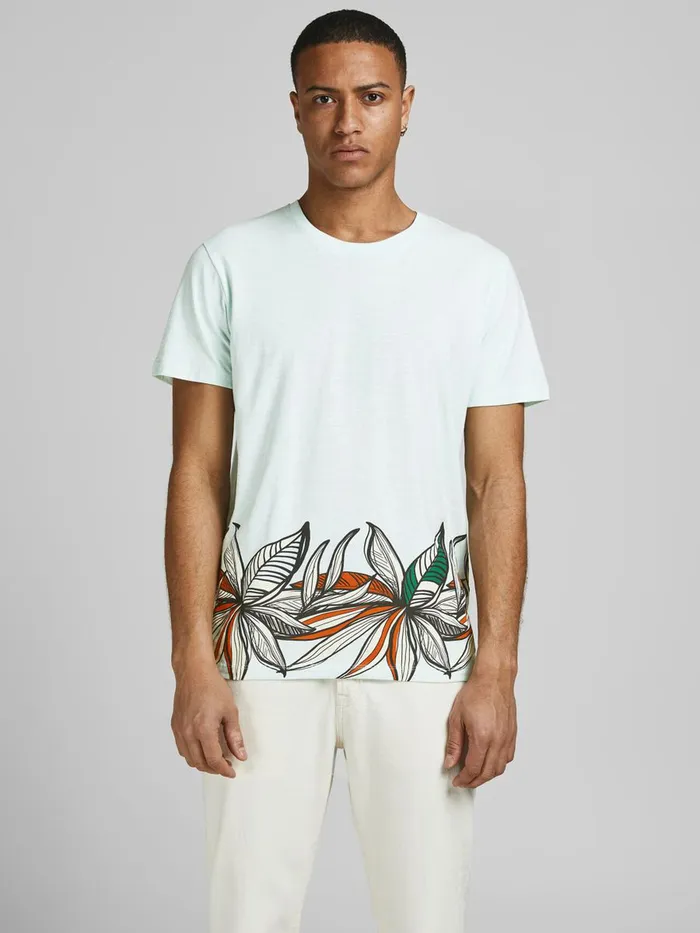 Tshirts JACK and JONES Mens BOTANICAL PRINT TSHIRT Pastel Bleached Aqua Gift for Friend