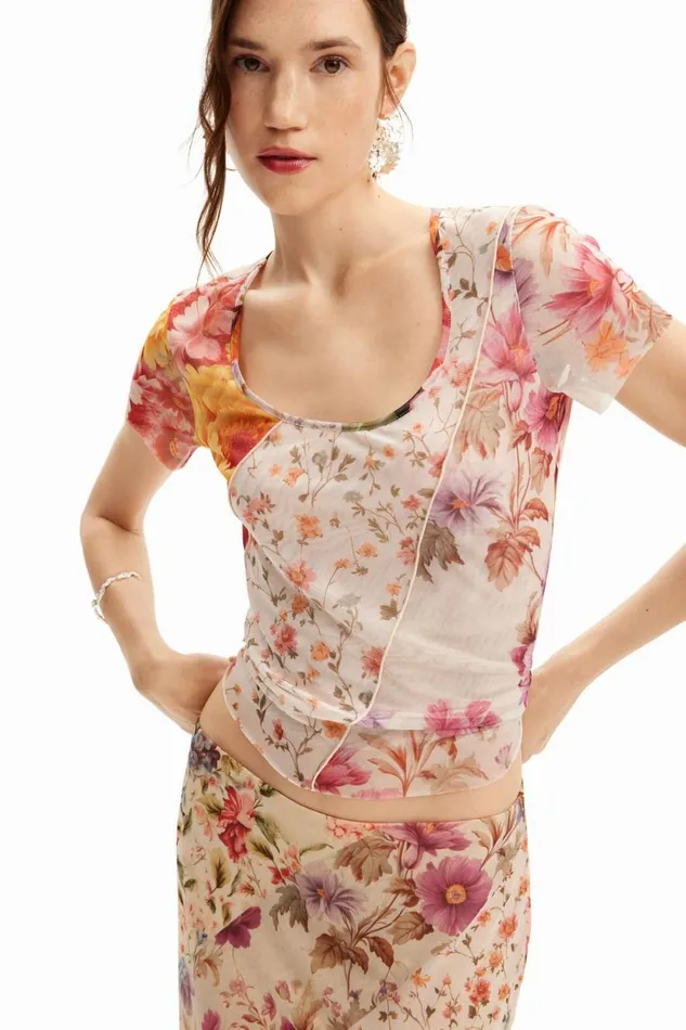 TShirts Women Desigual Tulle Flower Tshirt Materialfinishes