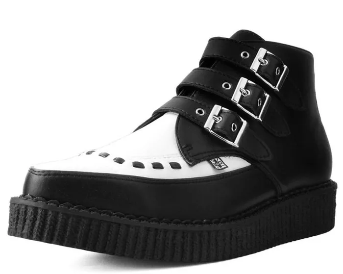 TUK Shoes Boots Men Black and White TUKskin Vegan 3Buckle Pointed Creeper Boot
