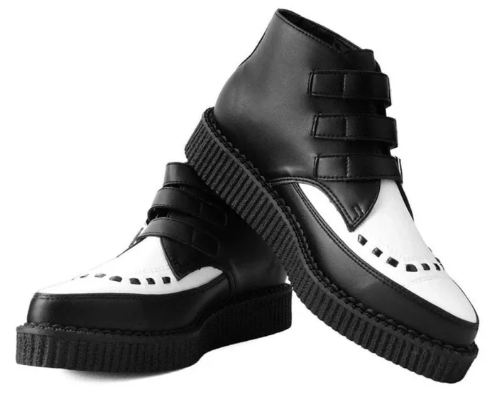 TUK Shoes Boots Men Black and White TUKskin Vegan 3Buckle Pointed Creeper Boot