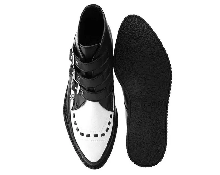 TUK Shoes Boots Men Black and White TUKskin Vegan 3Buckle Pointed Creeper Boot
