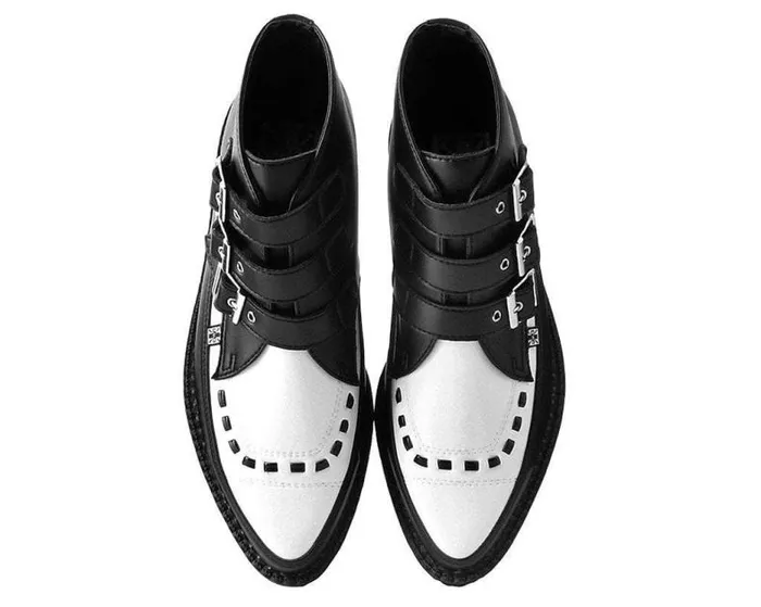 TUK Shoes Boots Men Black and White TUKskin Vegan 3Buckle Pointed Creeper Boot