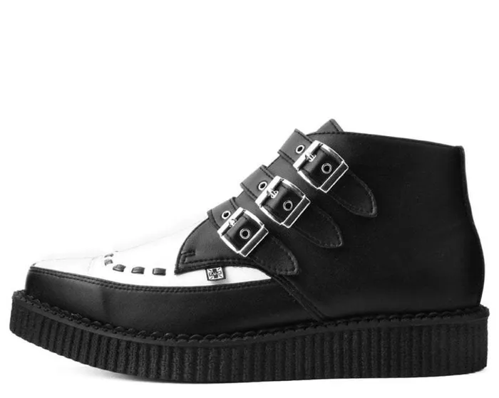 TUK Shoes Boots Men Black and White TUKskin Vegan 3Buckle Pointed Creeper Boot