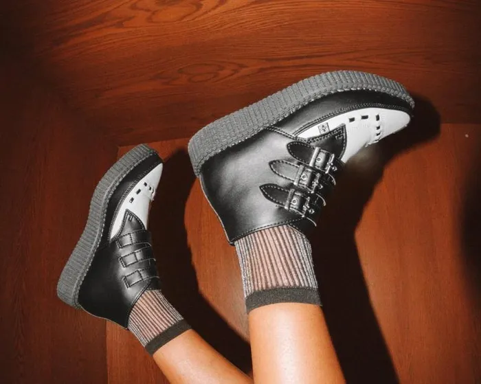 TUK Shoes Boots Men Black and White TUKskin Vegan 3Buckle Pointed Creeper Boot