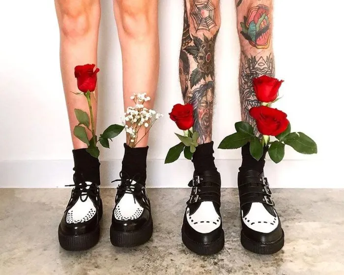 TUK Shoes Boots Men Black and White TUKskin Vegan 3Buckle Pointed Creeper Boot