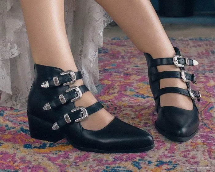 TUK Shoes Mary Janes Women Black Faux Leather Western 3Buckle Pointed Block Heels