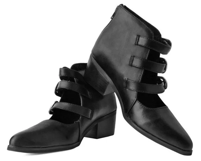 TUK Shoes Mary Janes Women Black Faux Leather Western 3Buckle Pointed Block Heels