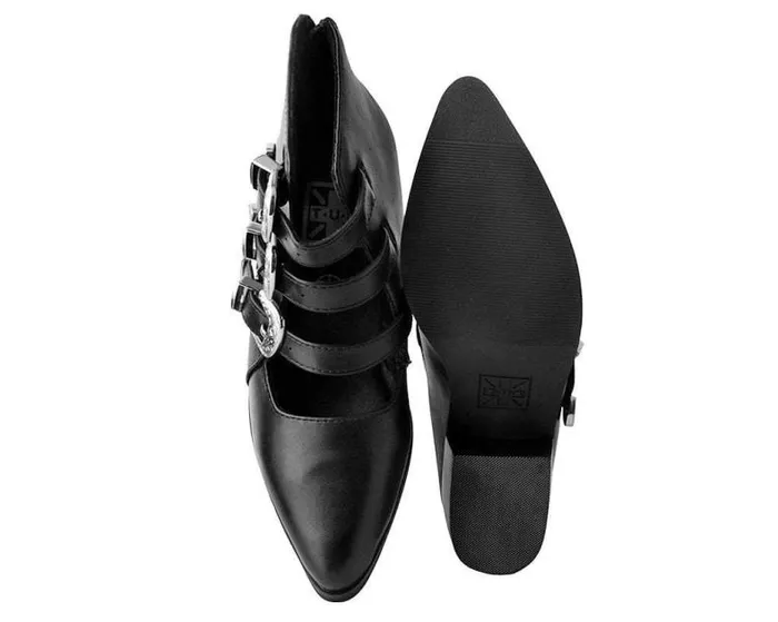TUK Shoes Mary Janes Women Black Faux Leather Western 3Buckle Pointed Block Heels