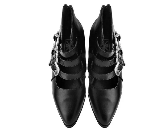 TUK Shoes Mary Janes Women Black Faux Leather Western 3Buckle Pointed Block Heels