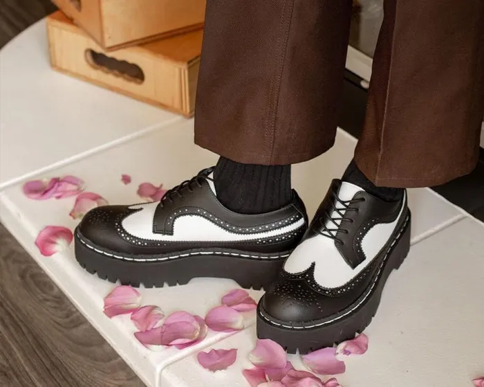 TUK Shoes Platforms Women Black and White Double Decker Brogue TUK Shoes Platforms Women Black and White Double Decker Brogue