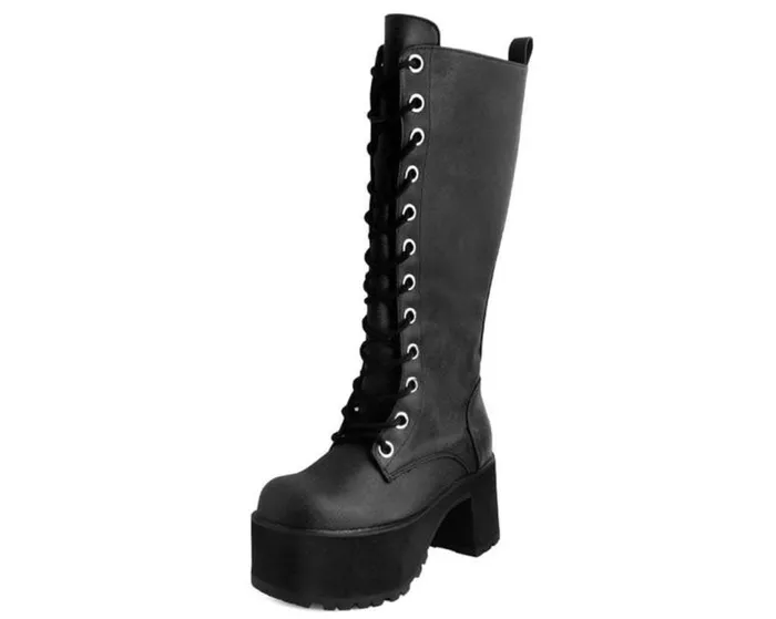 TUK Shoes Platforms Women Black Distressed KneeHigh Vegan Nosebleed Boots