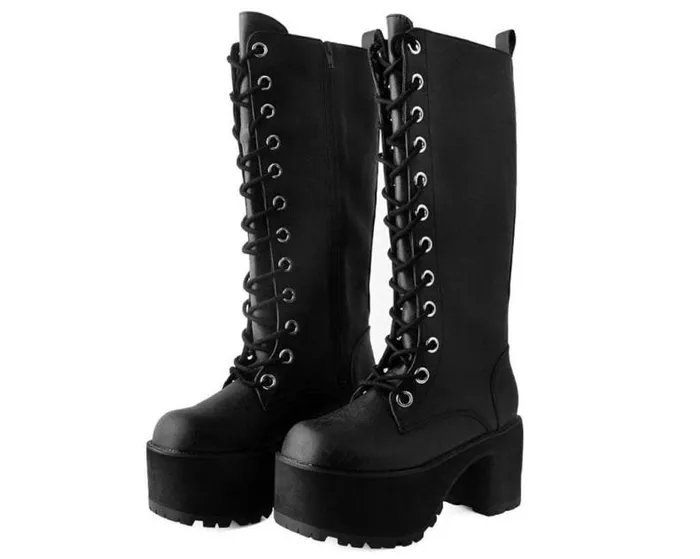 TUK Shoes Platforms Women Black Distressed KneeHigh Vegan Nosebleed Boots