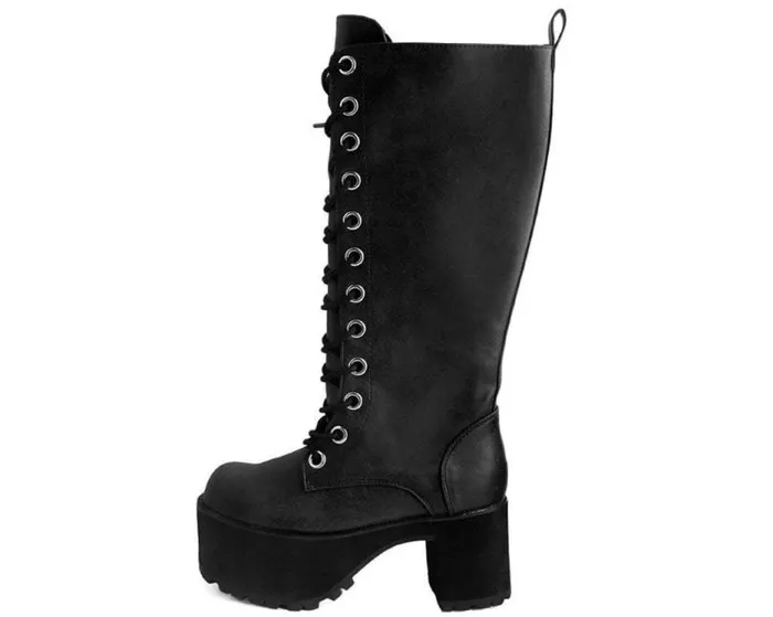 TUK Shoes Platforms Women Black Distressed KneeHigh Vegan Nosebleed Boots