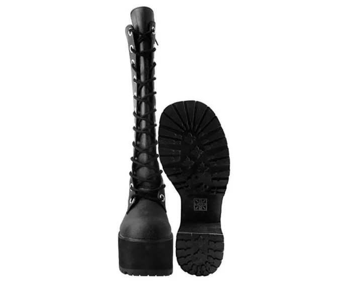 TUK Shoes Platforms Women Black Distressed KneeHigh Vegan Nosebleed Boots