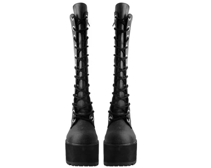 TUK Shoes Platforms Women Black Distressed KneeHigh Vegan Nosebleed Boots
