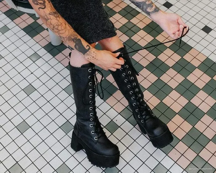 TUK Shoes Platforms Women Black Distressed KneeHigh Vegan Nosebleed Boots