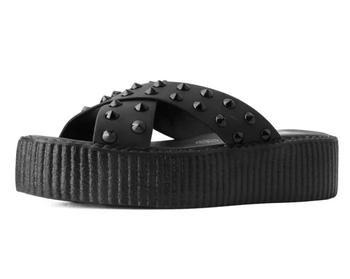 TUK Shoes Platforms Women Black TUKskin Cross Strap Studded Sandal